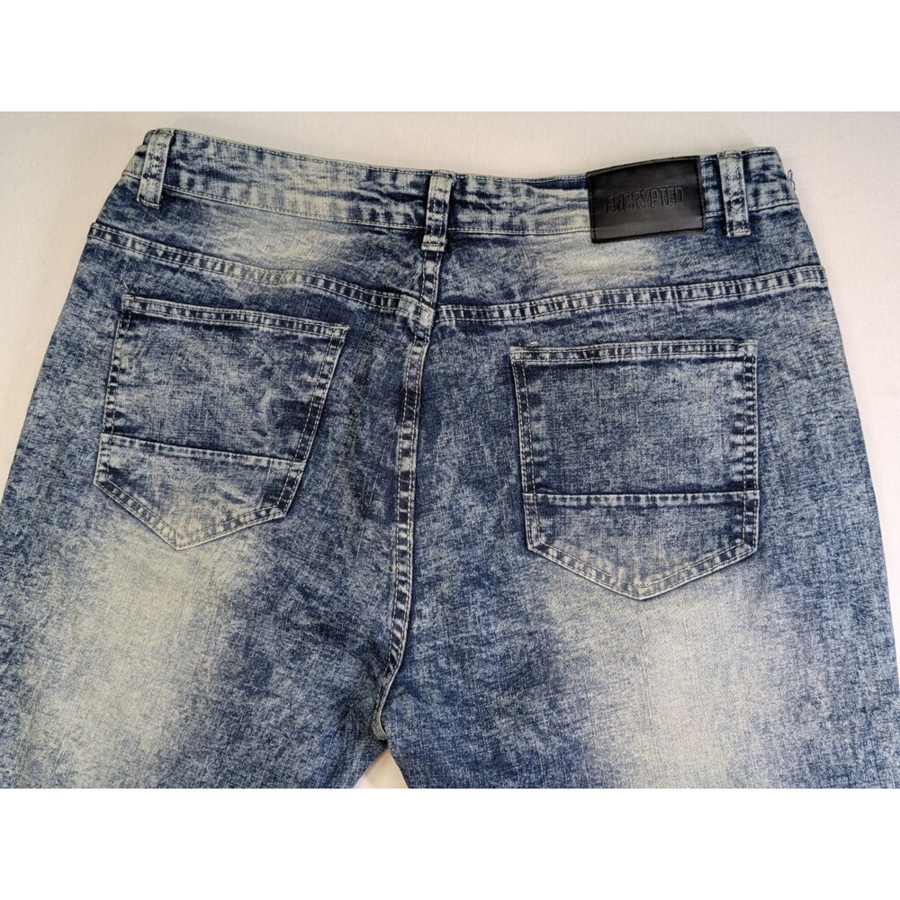 Encrypted NYC Mens Moto Biker Jeans 38x32 Blue Acid Wash Distressed Stretch - Picture 10 of 11